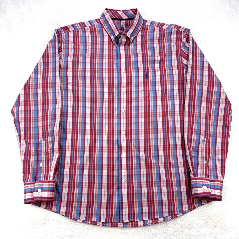 Johnnie-O Prep-Formance Men L Red Blue Check Plaid Button Down Shirt L/S